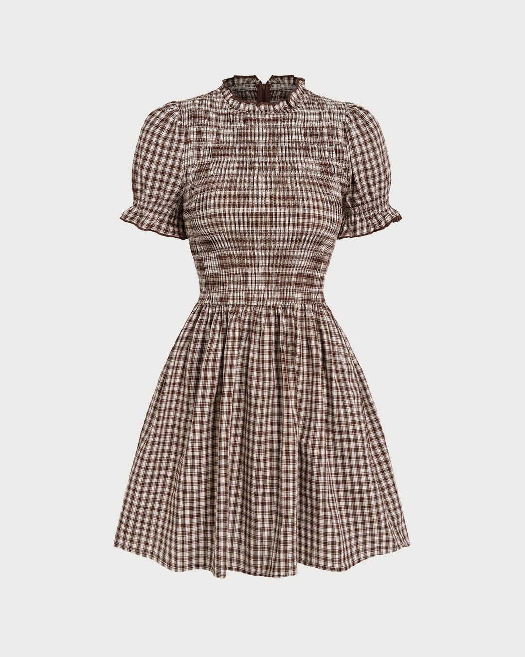 Yüksek Bel Kahverengi Gingham Puff Sleeve Mini Elbise