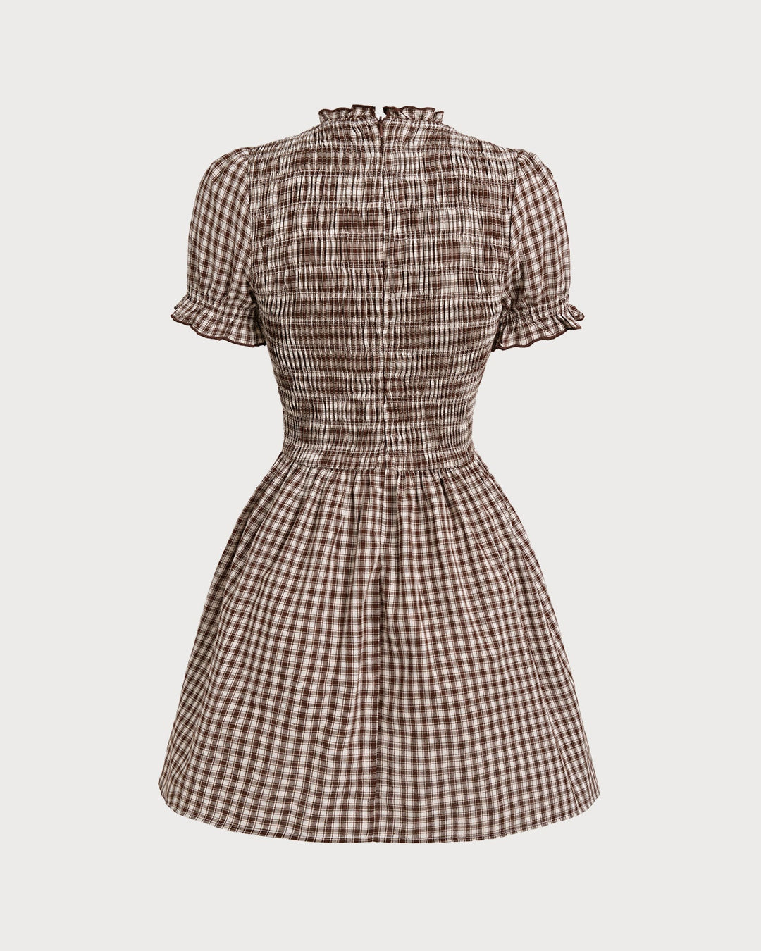 Yüksek Bel Kahverengi Gingham Puff Sleeve Mini Elbise
