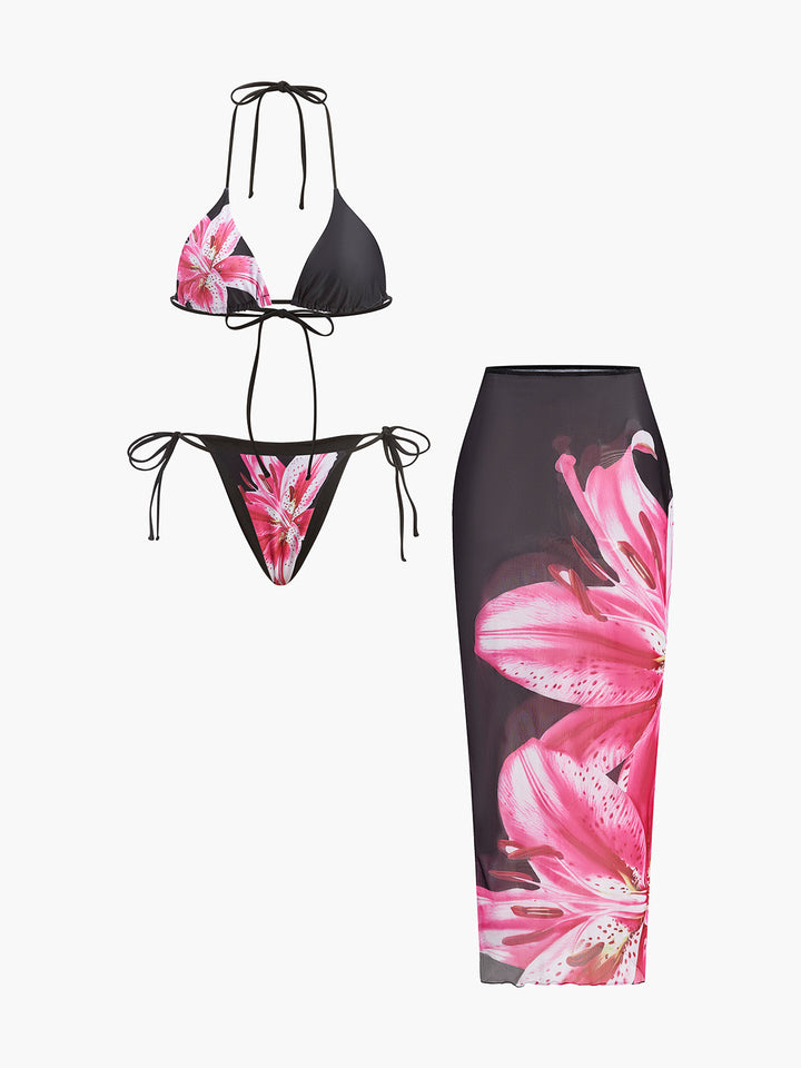 Çiçek Desenli Bikini ve Etek Takımı