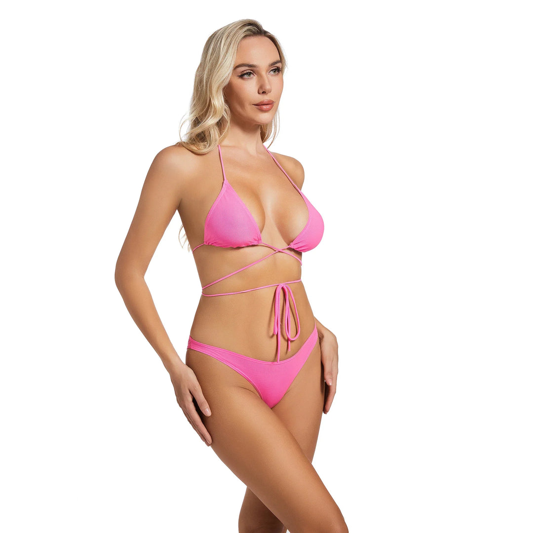 Yüksek Bel Pembe İki Parça Kadın Bikini