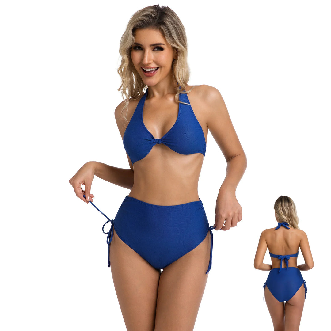 Yüksek Bel Mavi İki Parça Kadın Bikini Seti