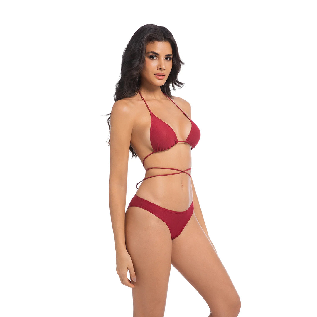Çevre Dostu Kırmızı İki Parça Yüksek Bel Bikini