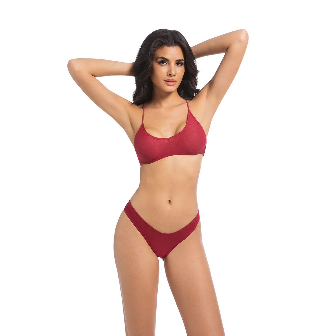 Kırmızı İki Parça Yüksek Bel Bikini