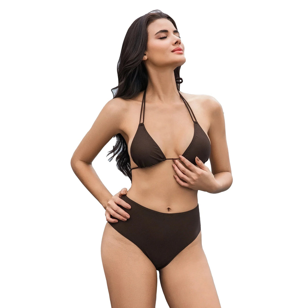Yüksek Bel Kahverengi İki Parça Bikini Seti