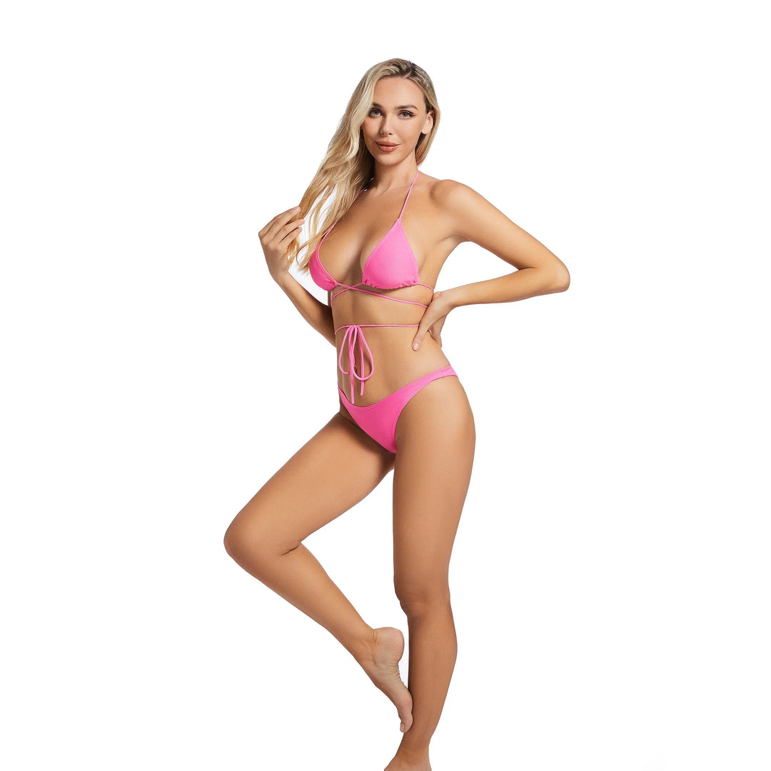 Yüksek Bel Pembe İki Parça Kadın Bikini