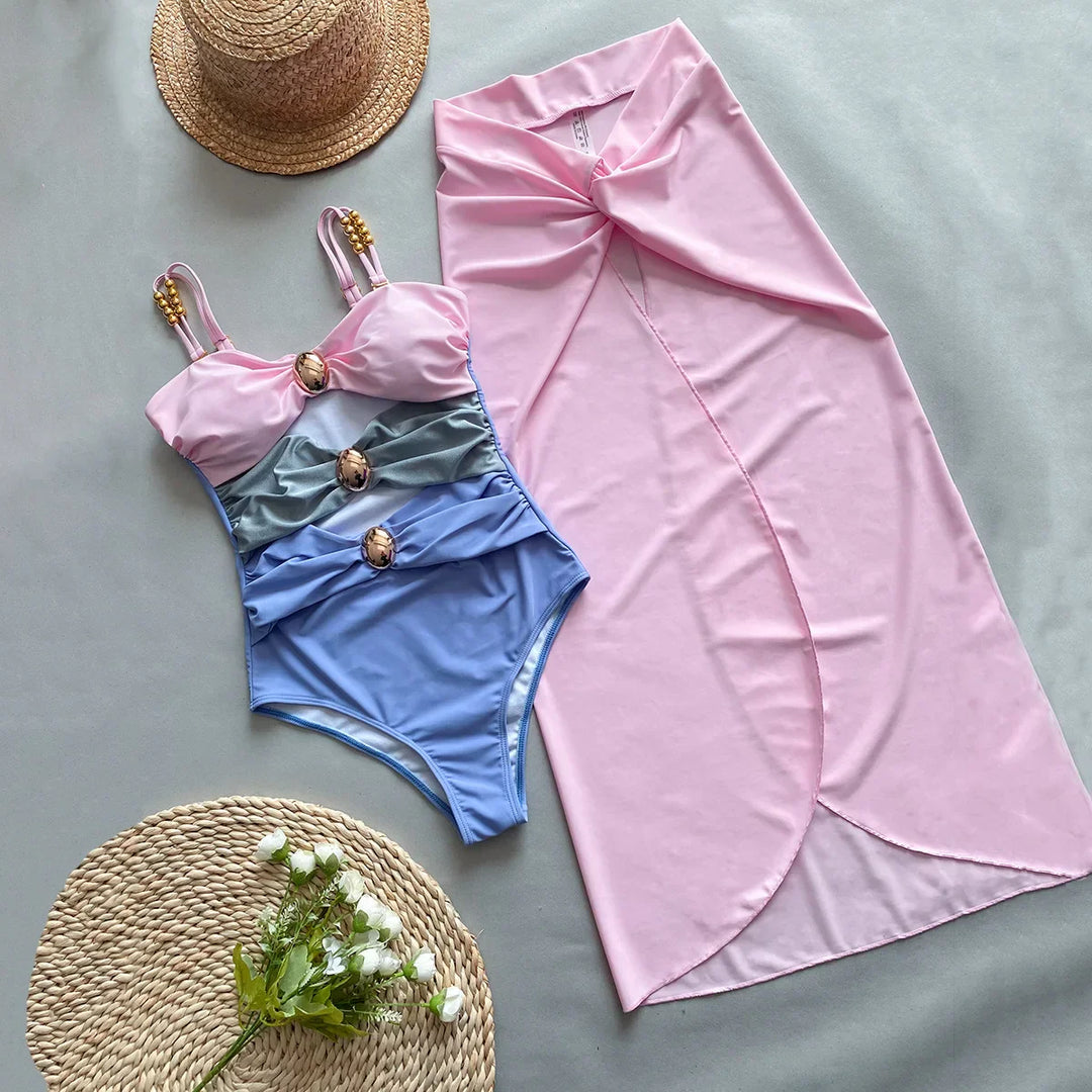 Renk Bloklu Tek Parça Bikini ve Etek Takımı