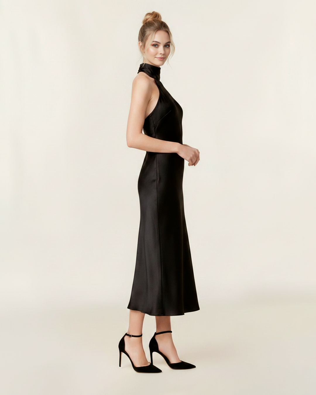 Modern Halter Yaka Saten Midi Elbise