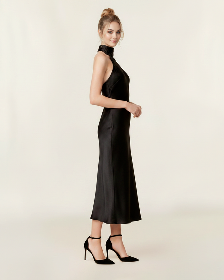 Modern Halter Yaka Saten Midi Elbise