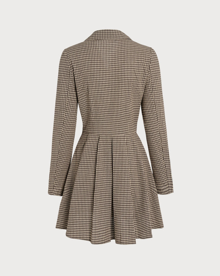 Yüksek Bel Kahverengi Gingham Pamuk Mini Elbise