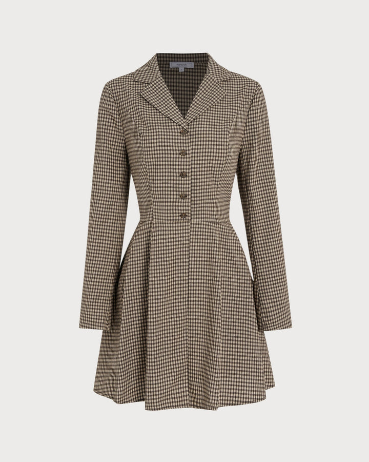 Yüksek Bel Kahverengi Gingham Pamuk Mini Elbise