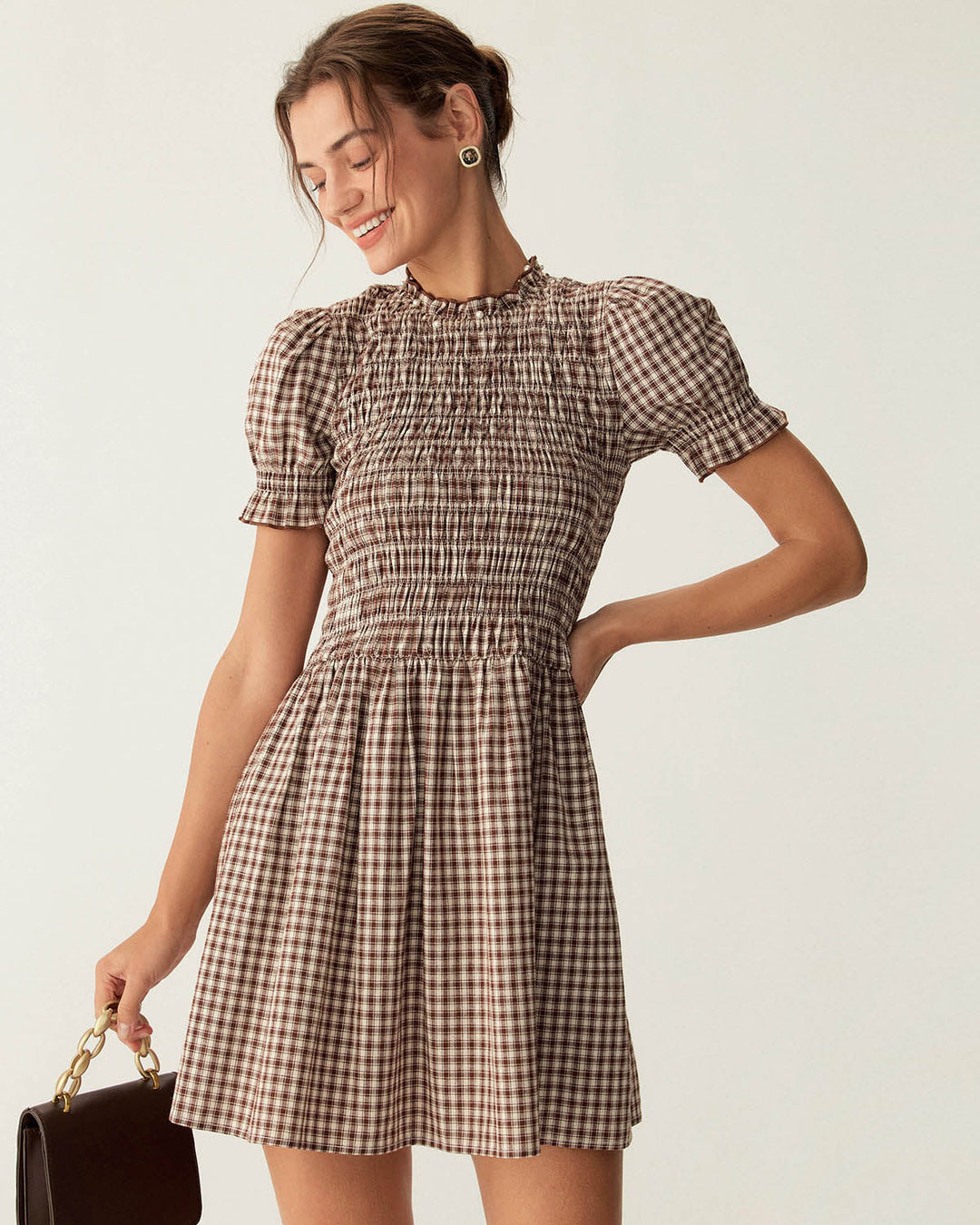 Yüksek Bel Kahverengi Gingham Puff Sleeve Mini Elbise